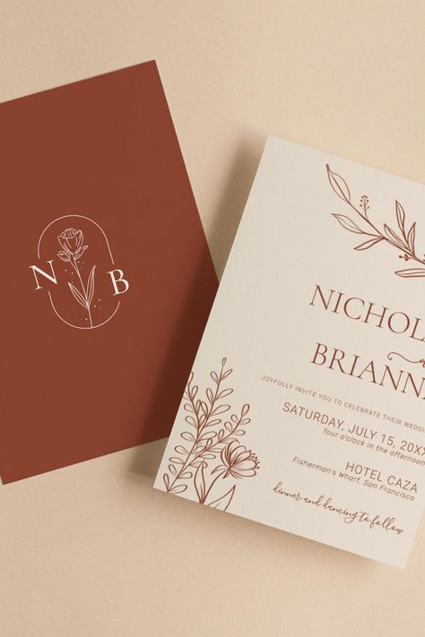 Minimalist Terracotta Burnt Orange Boho Wedding Invitation Orange Boho Wedding, Minimalist Boho Wedding, Wedding Invitation Monogram, Boho Wedding Invite, Boho Chic Wedding Invitations, Orange Wedding Themes, Tropical Bohemian, Boho Wedding Invitation, Wedding Announcement Cards