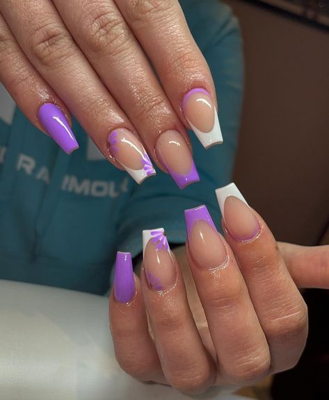 Purple And White French Nails, Lavender French Tip Nails With Design, Purple And White French Tip Nails, Lilac French Tip Nails, White French Manicure, Bridesmaids Nails, Fancy Nail Art, White Tip Nails, French Tip Design