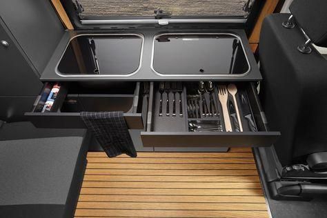 T4 Interior, Sprinter Van Camper, Camper Van Kitchen, Camping Vans, Skoolie Conversion, Truckbed Camper, Trailer Design, Camping Quebec, Traveling Style