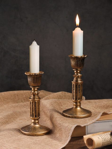 2pcs Polyresin Candle Holder, Vintage Design Candle Stand For Home | SHEIN EUR Autumnal Wedding Decor, Candle On Table, Gold Candlesticks, Gold Candle Holder, Candle Holder Vintage, Candle Stick Decor, Gold Candle Sticks, Antique Candles, Gold Candle Holders