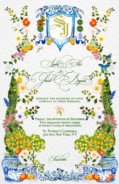 Looking for an invitation that exudes heavenly beauty for your special occasion? Look no further than our blossoming designs that are sure to impress. Introducing our exquisite and beautiful Amalfi coast-inspired invitation, featuring inviting hues of green and blue and highlighting the region's signature lemons amidst seas of blossoming bougainvillea and oranges. The highly detailed floral designs frame and perfectly accentuate the central chinoiserie jars with blue and white which are featured Amalfi Invitation, Mediterranean Party Invitations, Amalfi Coast Invitation, Amalfi Coast Inspired Wedding, Amalfi Coast Wedding Invitations, Water Color Wedding, Amalfi Coast Design, Italy Theme Wedding, Orange And Blue Wedding Invitations