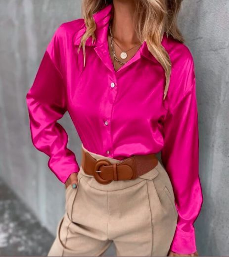 Pink Blouses Outfit, Blouse Outfit Work, Satin Shirt Outfit, Silk Blouse Outfit, Pink Shirt Outfit, Hot Pink Blouses, Hot Pink Shirt, Satin Bluse, Drop Shoulder Shirt