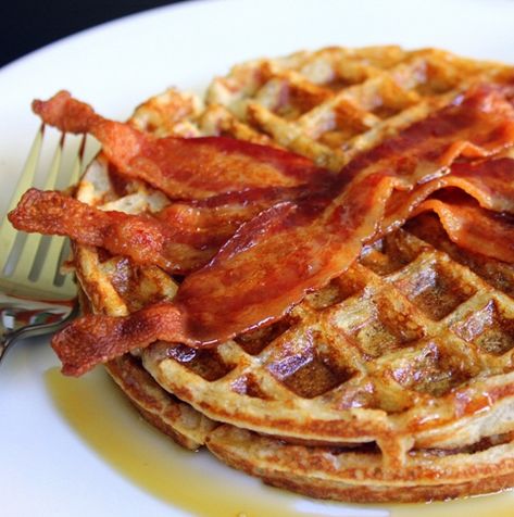 best-ever buttermilk pecan waffles with bacon Bacon Waffles, Pecan Waffles, Bacon Recipes, Waffle Recipes, Pancakes And Waffles, Breakfast For Dinner, Perfect Breakfast, Buttermilk, Brunch Recipes