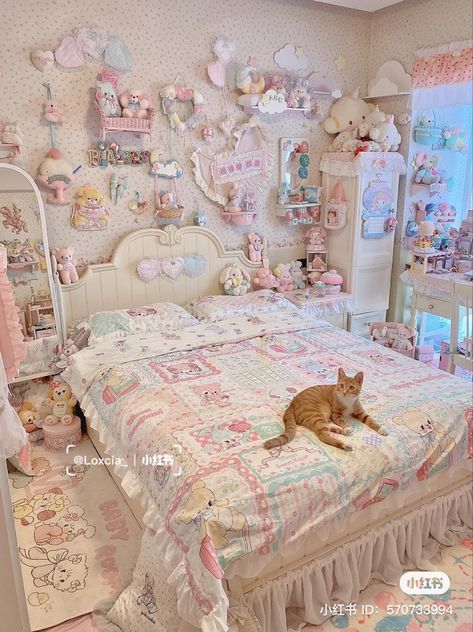 Collectors Shelf Ideas, Pastel Fairycore Room, Princes Rooms, Pastel Room Inspo Aesthetic, Cute Loft Bedroom, Cutecore Bed, Kawaii Room Decor Diy, Cute Kawaii Bedroom, Kawaii Shelf