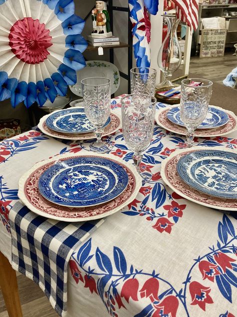 Just added to my SOB booth at Midtown Vintage Market in Little Rock AR💙 Holiday Routine, Red White Blue Decorations, Blue Table Settings, Fire Cracker, 4th July Crafts, 4th Of July Decor, Fourth Of July Decor, Table Scapes, July Decor