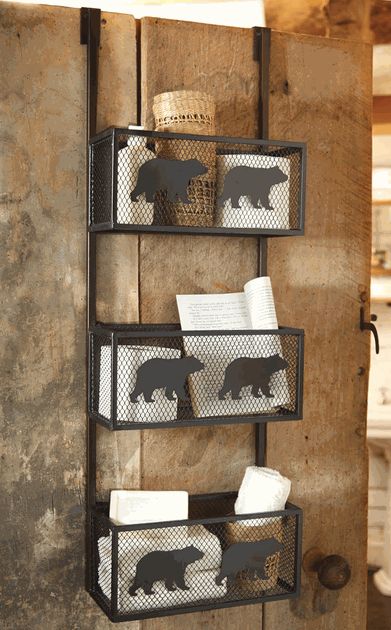 Shelf Cabin, Bear Bathroom Decor, Rustic Towel Bar, Lodge Bathroom, Black Bear Decor, Door Shelf, Log Cabin Furniture, Bear Cabin, Log Cabin Ideas