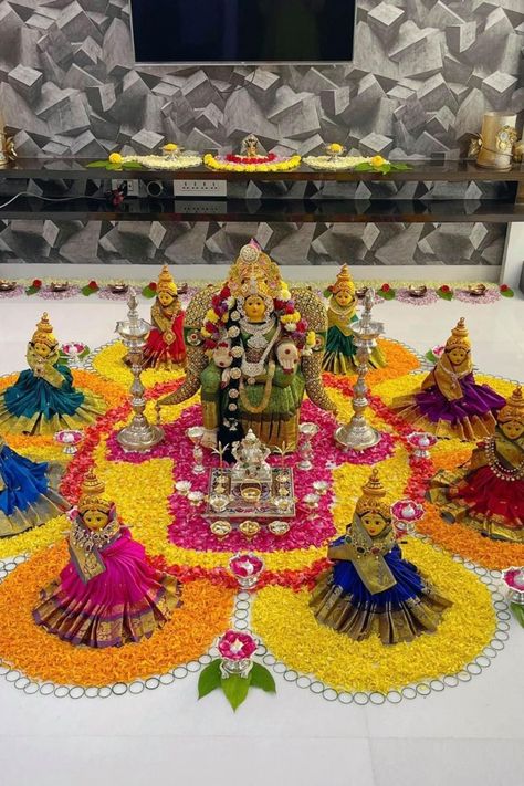 Navratri Colours 2023, Navaratri Decoration, Ammavari Images, Chaitra Navratri 2023, Ganapati Decorations, God Frame, Traditional Rangoli Design, Ganesha Decoration, Garden Ideas With Plastic Bottles