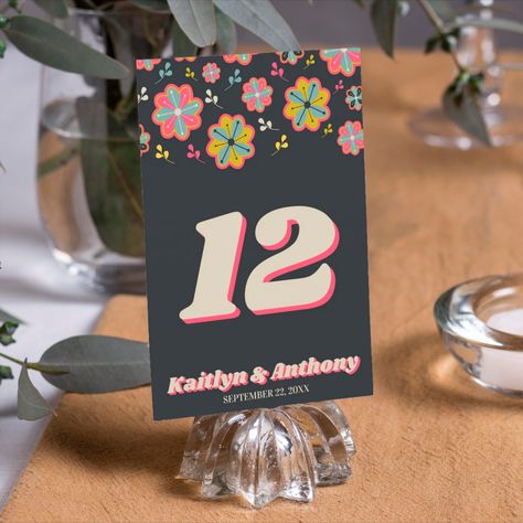 Celebrate in style with these very trendy 70's retro style wedding table number cards. This design is easy to personalize with your special event wording and your guests will be thrilled when they see these fabulous table numbers. Retro Style Wedding, Groovy Wedding, 70s Retro Style, Table Number Card, Wedding Table Number Cards, Wedding Table Number, Table Number Cards, Retro Wedding, Retro Groovy