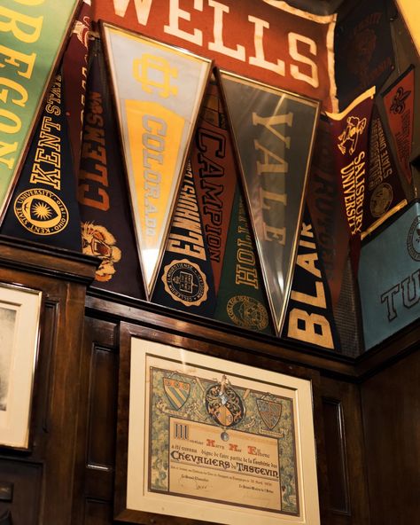 Ivy League Aesthetic, Vintage Sports Decor, Nautical Bar, College Pennants, Kent Ohio, Rowing Blazers, House Bathrooms, Basement Family Room, Camping Aesthetic