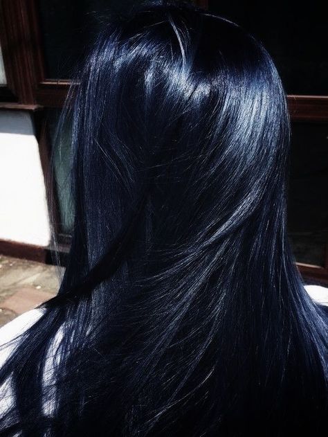 Blue Hair On Dark Hair, Long Black Blue Hair, Blue And Black Hair Aesthetic, Long Blue Hair Aesthetic, Very Dark Blue Hair, Dark Electric Blue Hair, Dark Blue Black Hair Color, Dark Dark Blue Hair, Mid Night Blue Hair