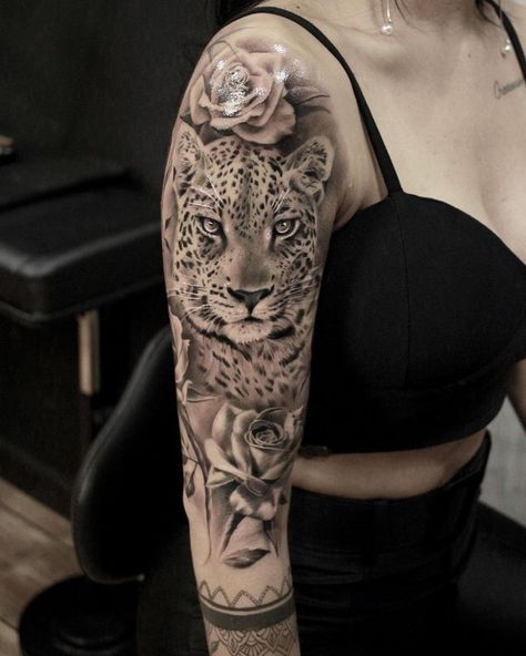 Big Cat Tattoo Sleeve, Snow Leopard Tattoo Women, Tiger Sleeve Tattoos For Women, Animal Sleeve Tattoo For Women, Leapord Tattoo Ideas, Leopard Tattoo Design For Women, Tiger Tattoo Ideas, Snow Leopard Tattoo, Tattoo Leopard