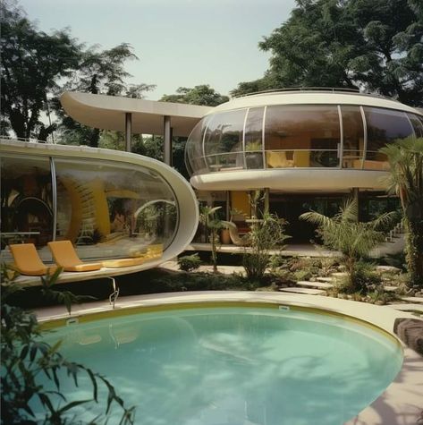 Retro Futurism Exterior, Space Age House, Future House Design, Retro Futurism Architecture, Futurism Architecture, Googie Architecture, Architecture Artists, Midcentury Architecture, 70s House