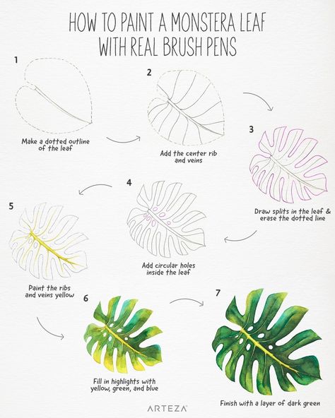 Monstera Plants, Flower Drawing Tutorials, Flower Art Drawing, Drawing Simple, Leaf Drawing, Monstera Leaves, Brush Pens, Plant Painting, Plant Drawing