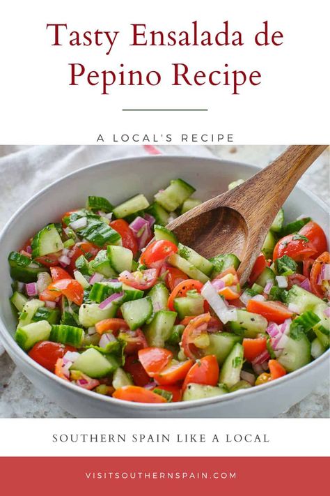 Are you looking for an Easy Ensalada de Pepino recipe? This Spanish cucumber salad recipe is a delightful combination of crisp cucumbers, juicy tomatoes, and spicy onion and garlic. Perfect for warm days, this Spanish summer salad will transport you to the sunny streets of Spain with every bite. Whether you're hosting a backyard barbecue or simply looking for a light and healthy side dish, this Spanish salad is a must-try! #ensaladadepepino #spanishcucumbersalad #spanishsalad #cucumbersalad Spanish Salad, Authentic Spanish Recipes, Spanish Summer, Cucumber Salad Recipe, Healthy Side Dish, Cucumber Recipes Salad, Spanish Dishes, Healthy Side, Juicy Tomatoes