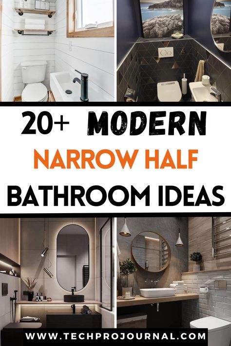 If you've been searching for modern narrow half bathroom ideas, I've got some inspiration for you. These modern narrow half bathroom ideas will give you practical and stylish solutions that you and your guests will love! Half Bath Tall Ceiling, Half Bath To Full Bath Remodel Layout, Half Bath Without Window, Elevated Powder Room, Half Bath Decor Ideas Modern, Small Half Bathroom Layout, Tile In Half Bathroom, Long Half Bathroom Ideas, 4x4 Half Bathroom Layout