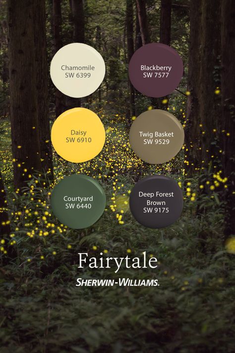 There's a palette for every aesthetic. Order a peel & stick sample in your favorite color to see how it looks in your space. #sherwinwilliams #paint #painting #diy #renovation #decor #interiordesign #colorpalette #fairytale #cottagecore #fairytalestyle Cottagecore Paint Palette, Cottagecore Wall Paint Colors, Vintage Paint Colors Colour Palettes, Dark Cottagecore Paint Colors, Hobbit Color Palette, Cottagecore Palette, Witchy Color Palette, Cottage Core Color Palette, Cottagecore Color Palette