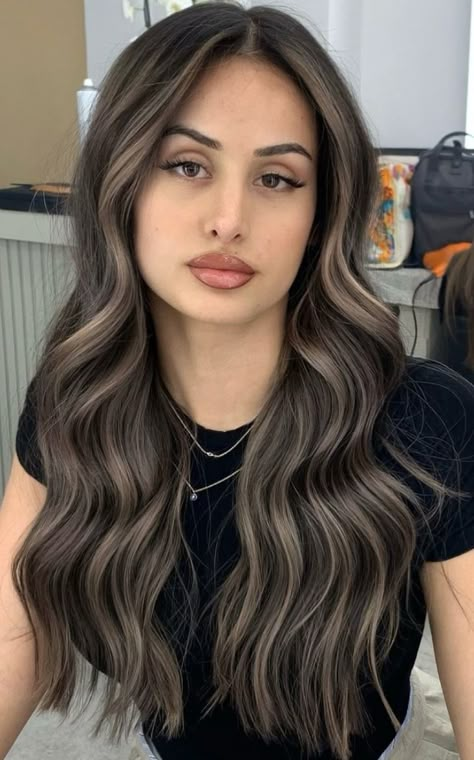 Dark Brown Hair With Cold Blonde Highlights, Dark Ash With Highlights, Balayage Half Up Half Down, Ash Brown Hair Balayage On Black Hair, Ash Brown Black Hair, Mushroom Beige Balayage, Dark Ash Mushroom Brown Hair, Brown Hair Subtle Money Piece, Ash Brown Balayage On Brown Hair