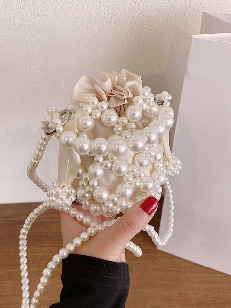 Mini Faux Pearl Decor Drawstring Design Satchel Bag | SHEIN USA Bucket Bag Style, Pineapple Bag, Pearl Decor, Pearl Bag, Fancy Bags, Diy Gift Box, Decorative Design, Pearl Types, Beaded Bags