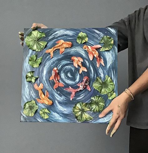 #koifish #3dpainting #clay #ceramics #koifishart #canvaspaintingideas #canvas Leaf Skeleton, Lotus Pond, 3d Painting, Fish Art, Clay Ceramics, Dry Clay, Koi Fish, Air Dry Clay, Craft Inspiration