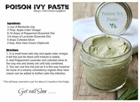 Poison-Ivy-Paste-#Recipe-card Poison Ivy Remedies, Poison Ivy Rash, Aloe Vera Cream, Salve Recipes, Paste Recipe, Homemade Remedies, Recipe Card, Poison Ivy, Peppermint Essential Oil