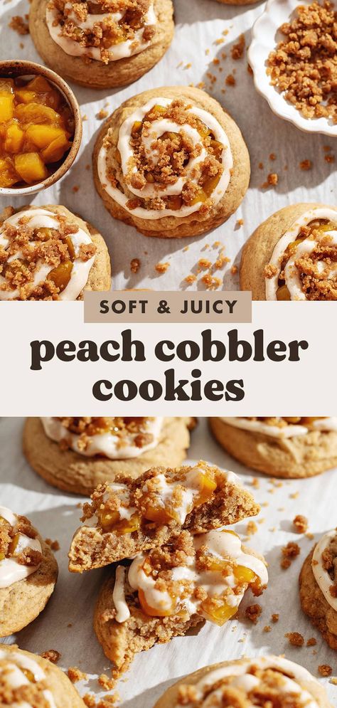 These peach cobbler cookies are topped with a juicy peach compote, a swirl of cinnamon cream cheese icing, and buttery crumble! They're soft, spiced, and so delicious. Peaches And Cream Cookies, Peach Cobbler Cookies Crumbl, Peach Cobbler Cookies, Peach Compote, Peach Cookies, Cinnamon Crumble, Thyme Recipes, Pie Crumble, Cinnamon Cream Cheese Frosting