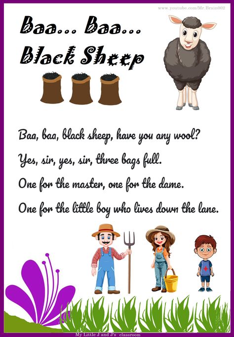 Baa Baa Black Sheep nursery rhymes Baa Baa Black Sheep Shirt, Baa Baa Black Sheep Activities, Baa Baa Black Sheep Crafts, Baba Black Sheep, Bah Bah Black Sheep Nursery Rhymes, Rhymes Lyrics, Nursery Rhymes Lyrics, Sheep Nursery, Kids Song