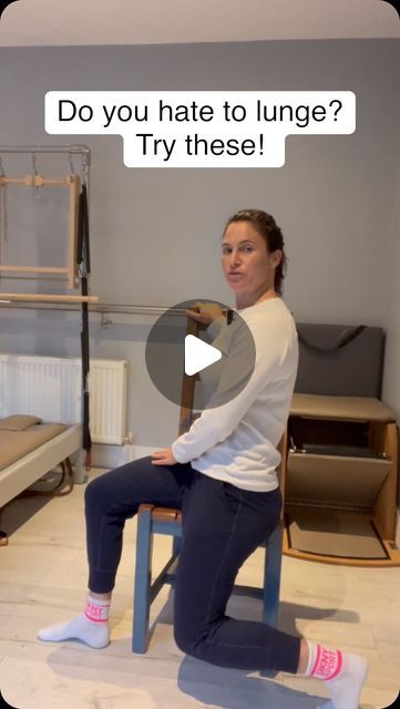 Charlotte / Pilates Instructor on Instagram: "📌save this easy tip to transform your lunge! Love them or hate them lunges are a brilliant exercise to build strength in your legs, hips and core…..so start doing them! Use the chair, then take away the chair then add some weights! Simple, all it takes is some practice. These is just a little of what we do in my new online program, Pilates for Menopause Wellness. A simple program to take at home in your own time. 9 quick 20min classes! #pilatesformenopause #kneerehab #hiprehab #lovetolunge" Chair Leg Exercises, Exercise With Chair, Banana Rolls Fat Exercise, Chair Pilates Exercises, Leg Exercises At Home, Chair Stretches, Chair Pilates, Exercise Pilates, Pilates Chair