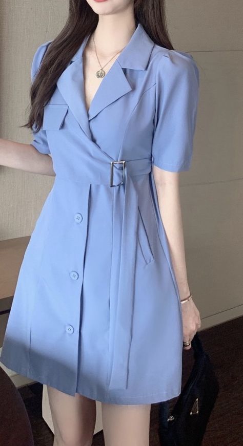 Sky Blue Dress Aesthetic, Blue Office Dresses For Women, Office Dress Ideas, Blue Dress Korean Style, Aesthetic Dress For Women, Aesthetic Office Outfit Korean, Cute Blue Outfits Korean, Formal Dress Korean Style, Blue Formal Outfit For Women