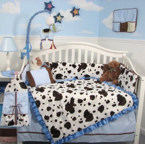 Let the baby snuggle in with this adorable cow crib bedding set! All you need to do is add your own barnyard nursery rhymes... Barnyard Nursery, Blue Moo, Cow Nursery, Parents Room, Moo Moo, Baby Crib Bedding, Brown Cowhide, Nursery Bedding Sets, Baby Bedding Sets