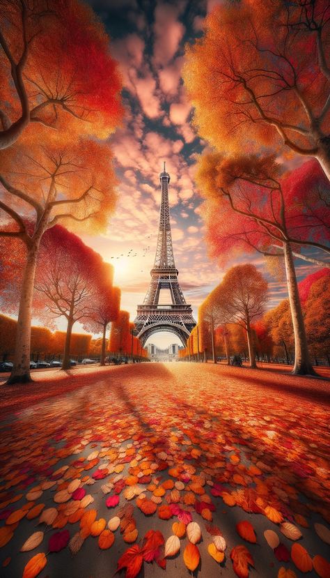 Iconic Eiffel Tower set against a backdrop of fiery autumn trees, with leaves scattered across the foreground. Eiffel Tower Fall, Fall Wallpaper Ideas, Silent Sisters, September Wallpaper, Paris Autumn, Paris In The Fall, Tower Falling, Paris In Autumn, Autumn Wallpaper