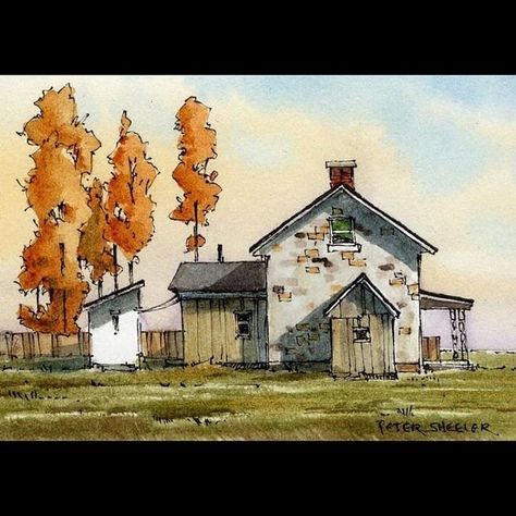 Peter Sheeler (@sheelerart) • Instagram photos and videos Peter Sheeler, Watercolor Barns, Fall House, Simple Landscape, Watercolor House Painting, Watercolor Art Landscape, Farm Paintings, House Farm, Grey House