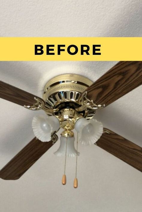 If you have outdated ceiling fans don't replace them, check out this easy and cheap fan makeover idea. See the before and after photos to see how you can transform your fans that will update your living room and add some rustic style to your home decor. Ceiling Fan Diy, Ceiling Fan Update, Ceiling Fan Light Cover, Ceiling Fan Globes, Fan Light Covers, Ceiling Fan Light Fixtures, Lighting Makeover, Brass Ceiling Fan, Fan Light Fixtures