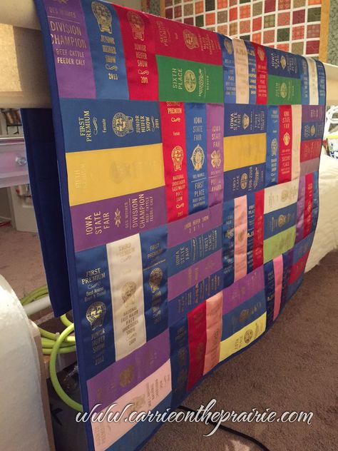 Show Ribbon Quilts, Award Ribbons Display Ideas, What To Do With Award Ribbons, Display Award Ribbons, Show Ribbons Ideas, 4h Ribbon Display, 4-h Ribbon Display Ideas, Livestock Banners, Show Ribbon Display Ideas