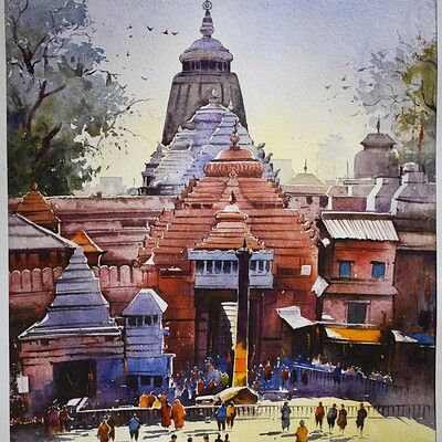 Watercolor Scenery Painting, Watercolor Indian, Watercolor Scenery, Composition Painting, Beginners Painting, Watercolor Art Landscape, Canvas For Beginners, Street Painting, Scenery Paintings