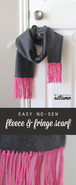 great handmade gift idea! how to make an easy, no-sew fleece & fringe scarf. cute, cheap gift. No Sew Scarf, Fleece Crafts, Fleece Projects, Trendy Fringe, Scarf Ideas, Easy Handmade Gifts, Sewing Fleece, Scarf Tutorial, Fleece Scarf