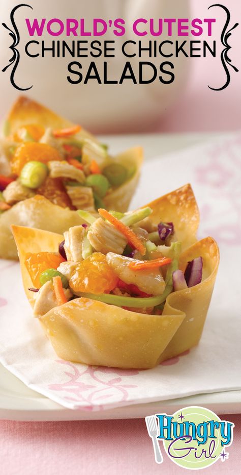 Chinese Chicken Salads, Chicken Salad Wontons, Wonton Wrapper Recipes, Cup Recipes, Savory Snack Recipes, Chicken Salads, Hungry Girl Recipes, Won Ton, Wonton Cups