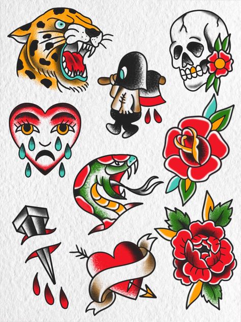 Small Old School Tattoo, Color Flash Tattoo, Old School Tattoo Color, Neotraditional Tattoo Flash Art, Tatuajes Old School, Small American Traditional Tattoo, Traditional Tattoo Outline, Crow Tattoo Design, Old School Ink