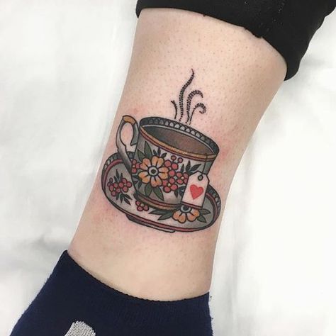 Traditional Coffee Cup Tattoo, Cup Of Tea Tattoo, Coffee Cup Tattoo, Tea Tattoo, Teacup Tattoo, Tattoos Traditional, Cup Tattoo, Coffee Tattoos, American Traditional Tattoo