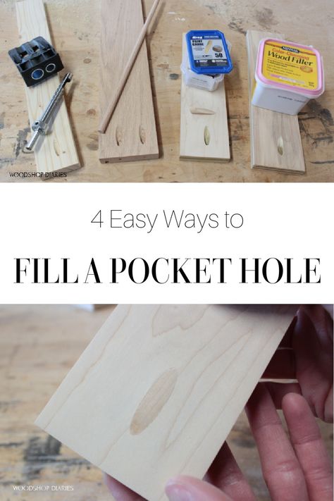 4 Easy Ways to Fill a Pocket Hole--DIY Woodworking Tips! Workshop Setup, Woodshop Diaries, Pocket Holes, Pocket Hole Joinery, Build Projects, Diary Diy, Wood Putty, Drill Guide, Woodworking Inspiration