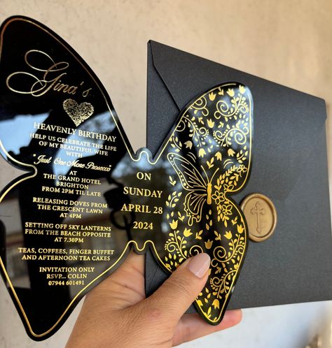 Plexiglass Invitations, Quince Invitations, Butterfly Invitations, Black Envelope, Material Properties, Butterfly Cut, Foil Printing, Black Envelopes, Acrylic Invitations