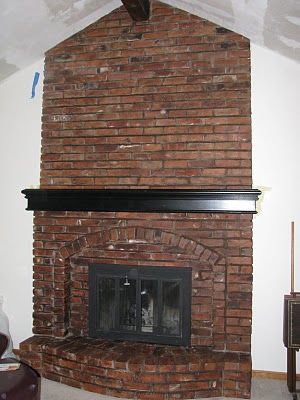 Remodeled Fireplace, Fireplace Bricks, Airstone Fireplace, Brick Fireplace Ideas, Red Brick Fireplace, Home Decor Fireplace, Faux Fireplaces, Led Fireplace, Black Mantle