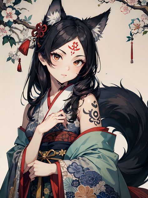 Black Haired Kitsune, Fox Ears And Tail Drawing, Fox Ears And Tail, Wolf People, Fox Artwork, Fox Spirit, Girls With Black Hair, Fox Ears, Fox Girl