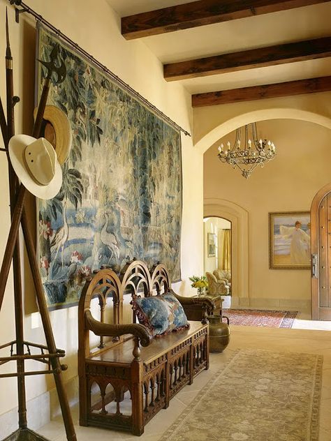 Eye For Design: Decorating With Verdure Tapestries Style Toscan, Tapestry Headboard, Armoire Design, Design Hall, English Interior, Large Tapestries, Santa Fe Style, French Chairs, Hall Design