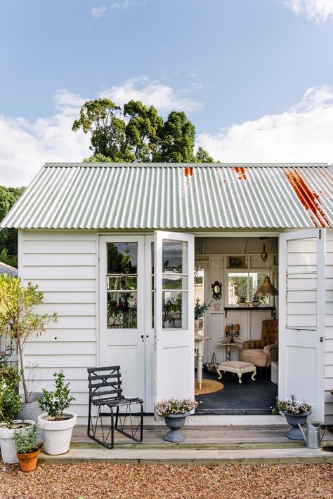 Vintage European Pieces Adorn This Country Paradise | Country Style Countryside Home Exterior, She Sheds Ideas, Modern Victorian Farmhouse, She Shed Ideas, Sheds Ideas, 1940s Bungalow, She Shed Designs, Countryside Home, Shed Ideas