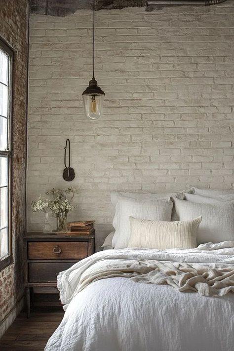 "Elevate your space with the allure of textured wall finishes! ���🎨🧱 A great way to bring depth and character to your interior design. 🌿✨ #WallInspiration #TexturedDecor #HomeStyle" Accent Wall Bedroom Brick, White Brick Wall Bedroom Ideas, White Brick Bedroom, White Brick Wall Bedroom, Brick Wall Bedroom Ideas, Bedroom Brick Wall, Whitewash Brick Wall, Brick Wall Bedroom, Brick Room