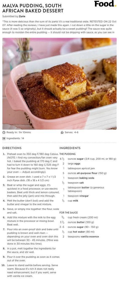 Recipe of malva pudding Pudding Recipes Homemade, Easy Tart Recipes, Malva Pudding, Easy Puddings, Homemade Cookbook, Homemade Recipes Dessert, Cookie Recipes Homemade, Homemade Cake Recipes, Cocktail Recipes Easy