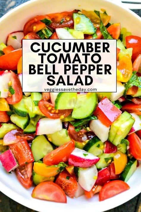 Mediterranean Cucumber Tomato Bell Pepper Salad is colorful and refreshing. Enjoy it as a side or light meal. It's easy to make in 15 minutes! Pepper Cucumber Tomato Salad, Colored Bell Pepper Recipes, Tomato Pepper Salad, Cucumber And Pepper Salad, Cucumber Pepper Salad, Cucumbers Recipes, Tomato Recipes Healthy, Mind Recipes, Fresh Veggie Recipes