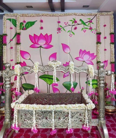 Barasala Decoration At Home, Simple Baby Shower Decorations, Cradle Decoration, Indian Baby Shower Decorations, Ganpati Decoration Theme, Naming Ceremony Decoration, Simple Stage Decorations, Wooden Cradle, Home Flower Decor