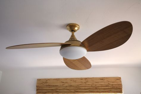 Spray Painting a Ceiling Fan Gold Brass Modern Light Wood Mid Century Harbor Breeze Avian Ceiling Fan Ceiling Fan Gold, Mid Century Modern Ceiling Fan, Painting A Ceiling, Painting Ceiling, Gold Ceiling Fan, Brass Ceiling Fan, Wood Mid Century, Bedroom Fan, Ceiling Fan Makeover