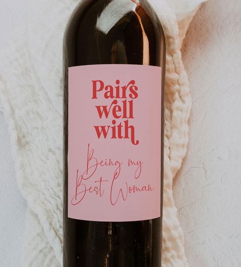 Looking for a unique way to ask your Best Woman to stand by your side? This printable wine bottle label is a fun and thoughtful way to pop the question! Featuring the text "Pairs Well with Being My Best Woman," this stylish wine label is perfect for a bridesmaid proposal, wedding party gift, or bachelorette celebration. ♥ INSTANT DOWNLOAD ♥ * Sold as is (NOT editable) * High resolution 300ppi, JPG & PDF file * Download instantly * Print as many as you like 𝗪𝗛𝗔𝗧 𝗜𝗧 𝗜𝗦:  Ready-to-print files that becomes available for download immediately after your payment is confirmed. This non-editable file allows you to print as many labels as needed. 𝗛𝗢𝗪 𝗜𝗧 𝗪𝗢𝗥𝗞𝗦: * Purchase this listing. * Once payment is confirmed by Etsy (usually within 1-2 minutes), you will be able to download you